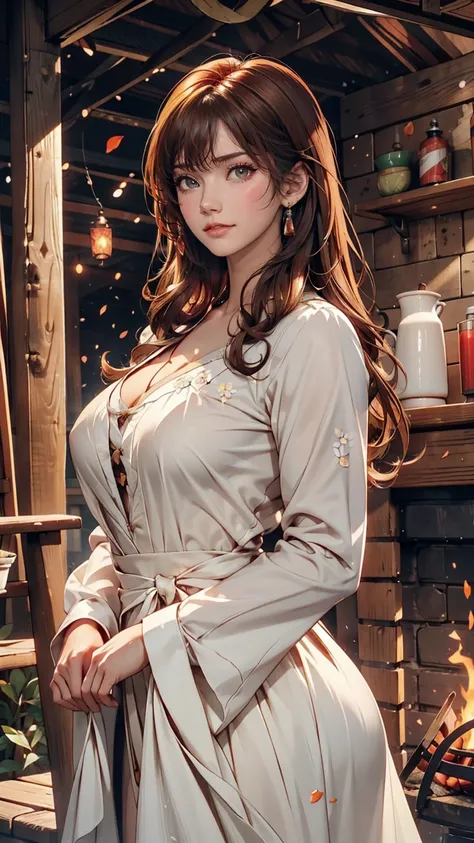 Luma is a gracious person, She is beautiful、Has a strong attitude, Her breasts are voluminous, Feminine pear-shaped silhouette, Auburn Hair, long Auburn Hair, She has expressive eyes, ( Eyes olive green) Her skin turns white、Light freckles on the cheekbone...