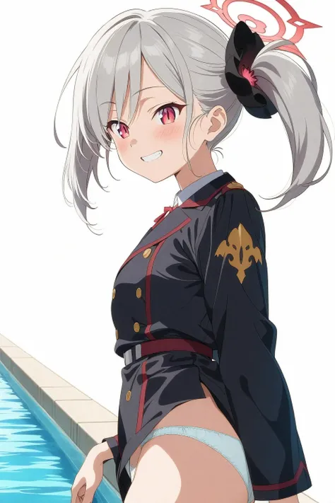 best quality, amazing quality, very aesthetic, absurdres, (1girl, mutsuki, blue archive, solo, red eyes, white hair, side ponytail), (realistic face:0.9),(panties aside:1.8), (grin, blush, thigh:1.3), (cowboy shot), (slit pupils:1.2), (half closed eyes:0.9...