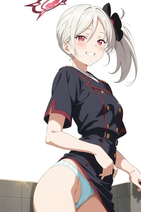 best quality, amazing quality, very aesthetic, absurdres, (1girl, mutsuki, blue archive, solo, red eyes, white hair, side ponytail), (realistic face:0.9),(panties aside:1.8), (grin, blush, thigh:1.3), (cowboy shot), (slit pupils:1.2), (half closed eyes:0.9...