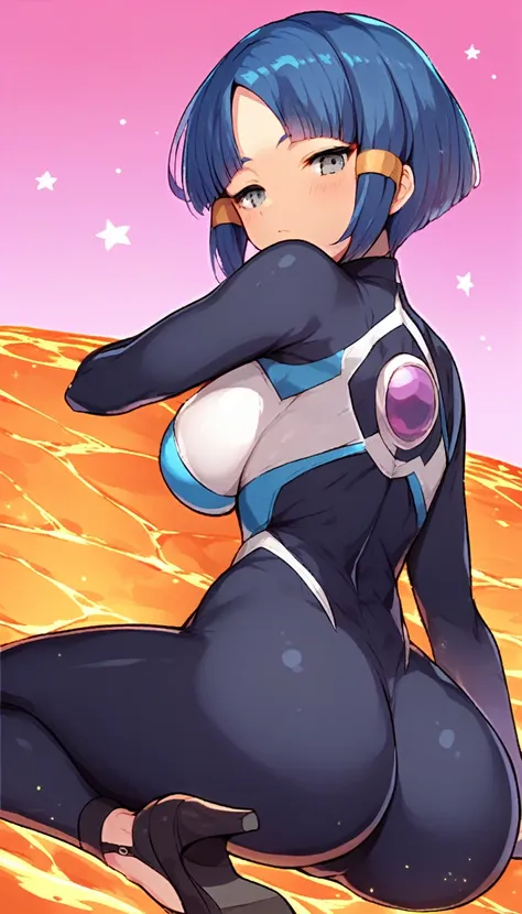 best quality,ultra detailed,solo,score_9, score_8_up, score_7_up, score_6_up, score_5_up, score_4_up, source_anime, 1girl, clara, blue hair, hair tubes, grey eyes, bodysuit,big breasts, sexy pose, (behind view,portrait),full body, sitting on lava,heavenly ...