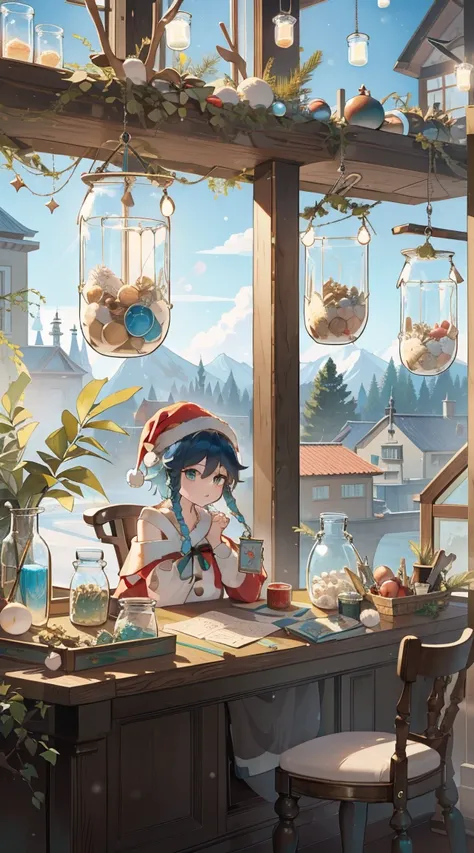 （（（（（（inside jar））））））、A boy with、Wendi (genshin impact),brunette color hair, Blue hair and green eyes, ((((Packed in jars))))、adolable、small, Christmas atmosphere,, santa hat, Sweets and snacks, gifts, A piece of,