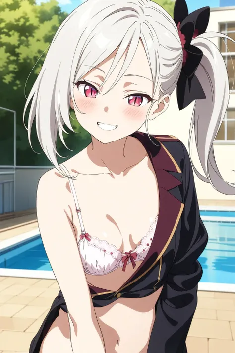 best quality, amazing quality, very aesthetic, absurdres, (1girl, mutsuki, blue archive, solo, red eyes, white hair, side ponytail), (realistic face:0.9),(bow bra:1.8),dress lift, (grin, blush, thigh:1.3), (cowboy shot), (slit pupils:1.2), (half closed eye...