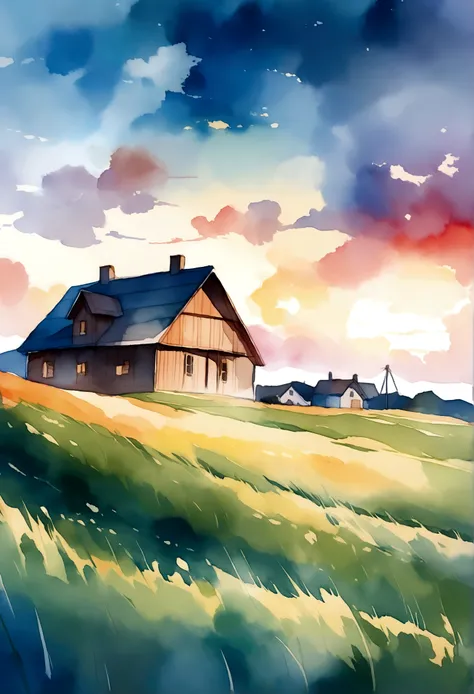 House in the Field , watercolor