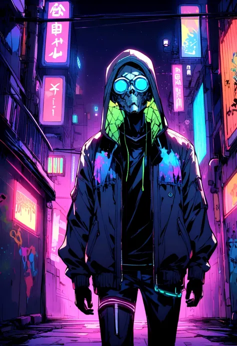 
**prompt:**  
Futuristic city night、Colorful neon lights illuminate the cityscape in the background、A person wearing a hooded jacket and a skeleton mask is walking。His outfit incorporates cyberpunk elements.、Blue and black jeans、He is wearing a jacket wit...