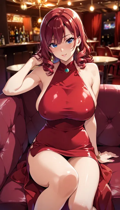 (masterpiece, best quality, ultra-detailed, high resolution, detailed eyes), takeda hiromitsu style, {{1woman}}, (30 years old), long party dress, red dress, nightclub, earrings, curvy body, large breast, long red hair, curly hair, tall, big eyes, sitting ...