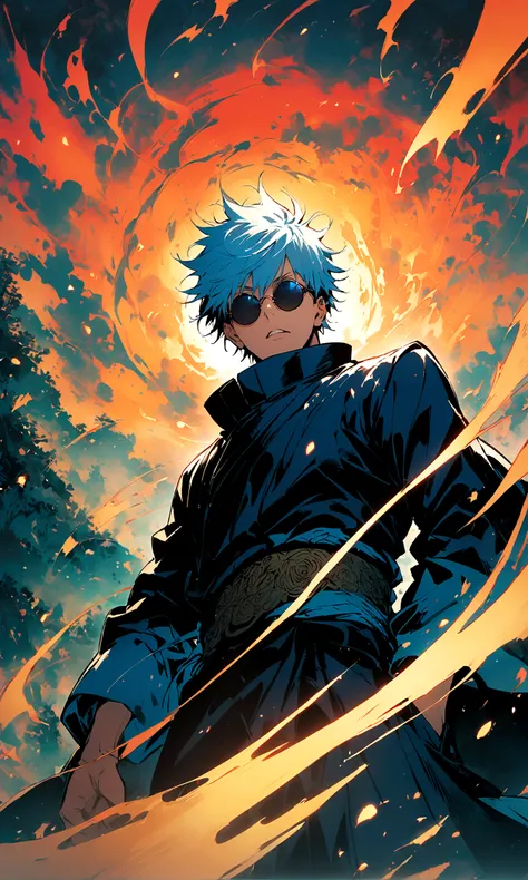 (One boy,gojou satora,JUJUTSU KAİSEN),black round lens sunglasses,artwork