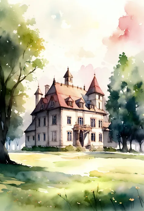 large manor in a field, trees, watercolor