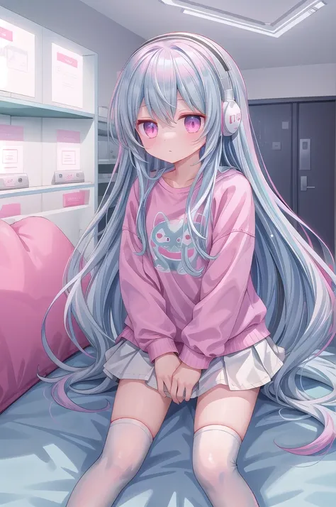 ，White knee socks，Light blue long hair，Pink and white sweatshirt，Pink Eyes，Blue headphones，The character stands，Character display pictures