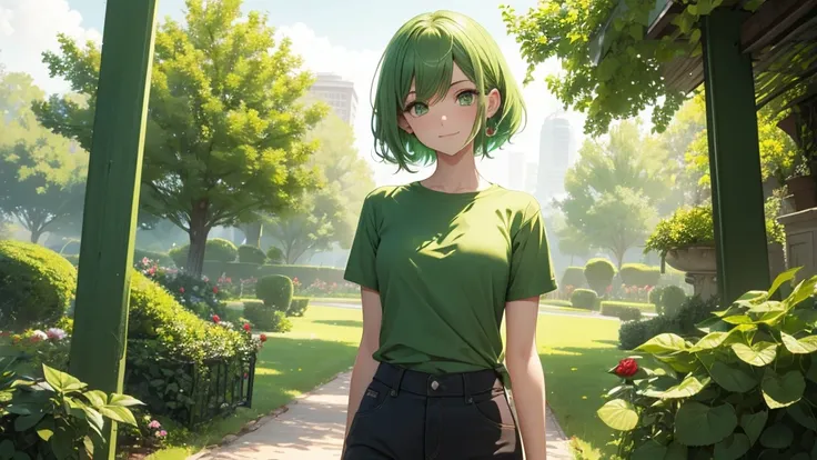 best quality, Ultra high resolution, 1 girl, green hair, green eyes, The body is short and thin., Wear a green shirt and long pants., ((happy expression)), rose garden,short hair.