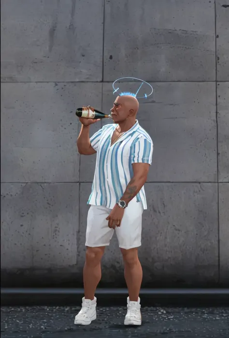 there is a man with a bottle of wine standing in front of a wall, full body potrait holding bottle, drinking champagne, drunkard, male with halo, modeled in poser, npc with a saints halo, npc with a saints halo, 3 d character, 3d character, inspired by Mas...