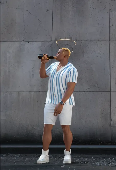 there is a man with a bottle of wine standing in front of a wall, full body potrait holding bottle, drinking champagne, drunkard, male with halo, modeled in poser, npc with a saints halo, npc with a saints halo, 3 d character, 3d character, inspired by Mas...