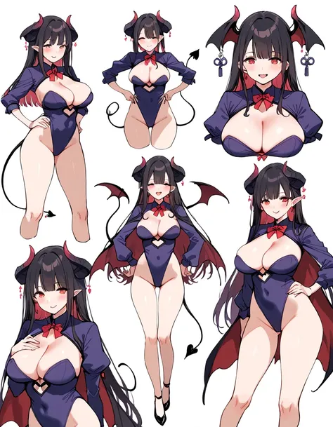 3 girls, variety of hairstyles, high fantasy costume, ((white background)), full body, multiple views, succubus,  thong, shrug, leotard, cleavage, short tie,