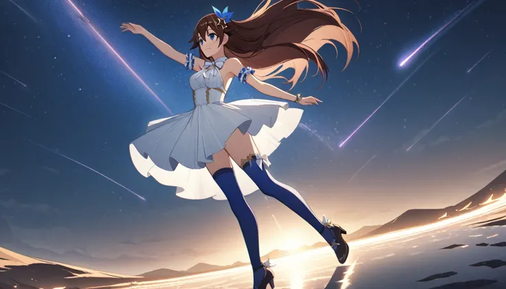 perfect hands,(Uyuni salt lake:1.4),(out door,starry sky,cinematic angle,far away girl ),solo, 1 girl,,(tokino sora:1.4 ),(official alternate costume:1.4),blue eyes, (brown hairr:1.3), long hair,medium breasts, star hair ornament ,(dancing), white ribbon, ...