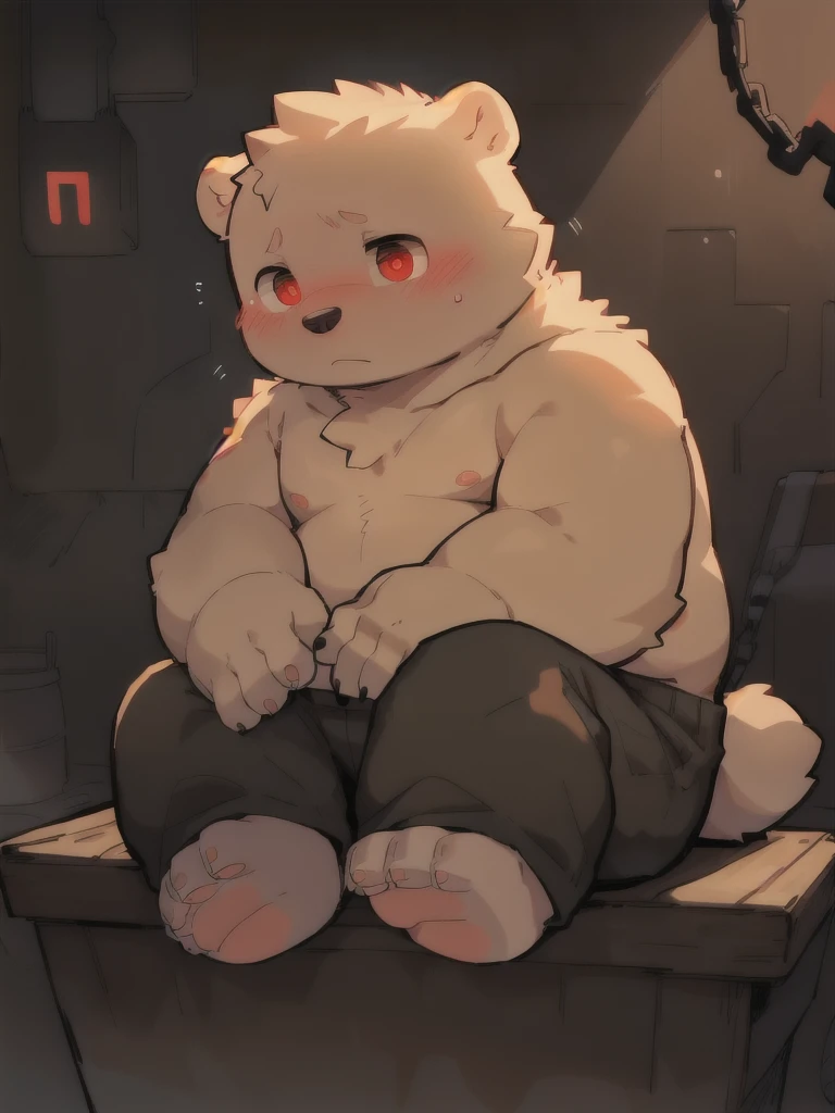 masterpiece, best quality, Perfect anatomical structure, Bright Eyes, Big watery eyes, Provided by RUHU1145, hairy, polar bear, fur(trigger:0.3)，boy, Solitary，blush，Shy，Red Eyes，Black pants，Shirtless，(Chubby body)，(Pink nipples)，Gloomy basement，Hand shackl...