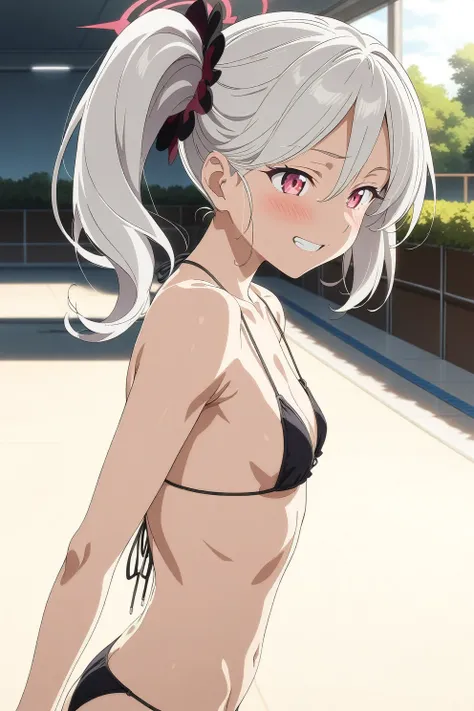 best quality, amazing quality, very aesthetic, absurdres, (1girl, mutsuki, blue archive, solo, red eyes, white hair, side ponytail), (realistic face:0.9),(string bikini:1.8),dress lift, (grin, blush, thigh:1.3), (cowboy shot), (glowing eyes), (half closed ...