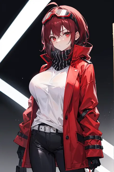 tall cute woman, massive breasts, wearing an opened red jacket with a white t-shirt and black pants, She has short dark red hair and wears a striped red and black scarf, also wearing red headphones and a utility belt slinged across her shoulder she is also...