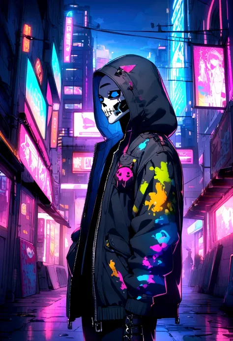 
**prompt:**  
Futuristic city night、Colorful neon lights illuminate the cityscape in the background、A person wearing a hooded jacket and a skeleton mask is walking。His outfit incorporates cyberpunk elements.、Blue and black jeans、He is wearing a jacket wit...