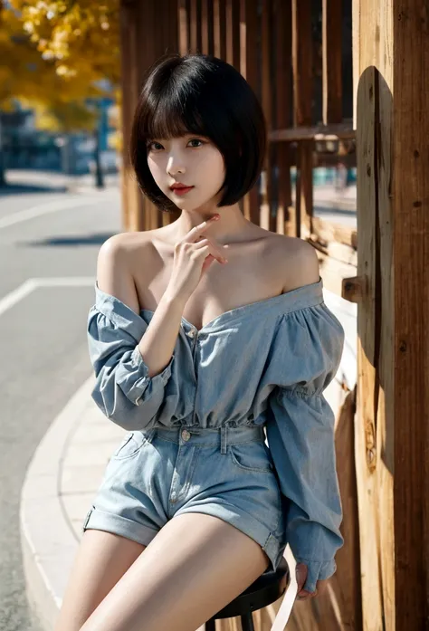 You are a professional photographer。 , short hair blown by the wind. She has a faint smile , Street fashion、Bold Valley、hot pants、Perfect Eyes, Perfect hands, Perfect body, Perfect Hair, Accurate身体, masterpiece, Accurate, Anatomically correct, Very detaile...