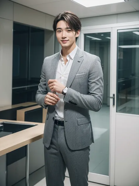 The 28-year-old refreshing and handsome employee has a smile on his face（real photos）(Natural light on face)、（Super handsome guy in S-class suit）、korean 28-year-old man、　merchant、suit、striped suit、Office floor-to-ceiling windows、　S class young handsome man...