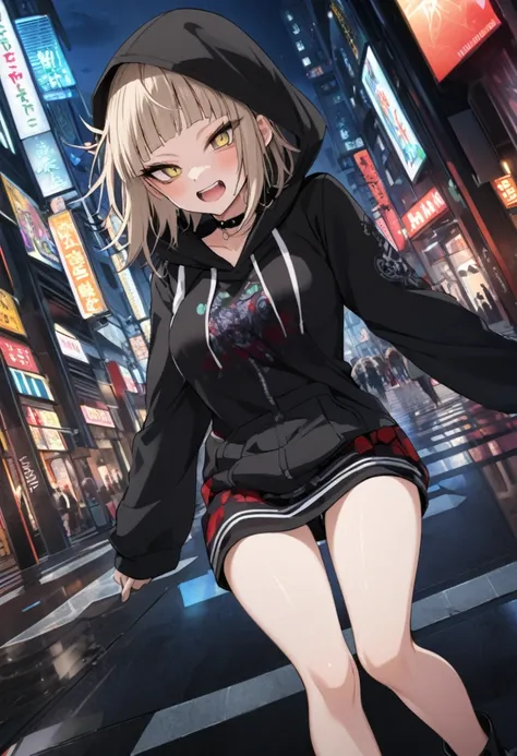 Himiko Toga、Wearing a black hood、Rainy dark night city、