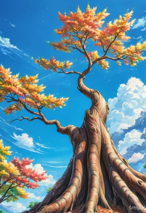 tree, colourpencils style, anime, blue sky background