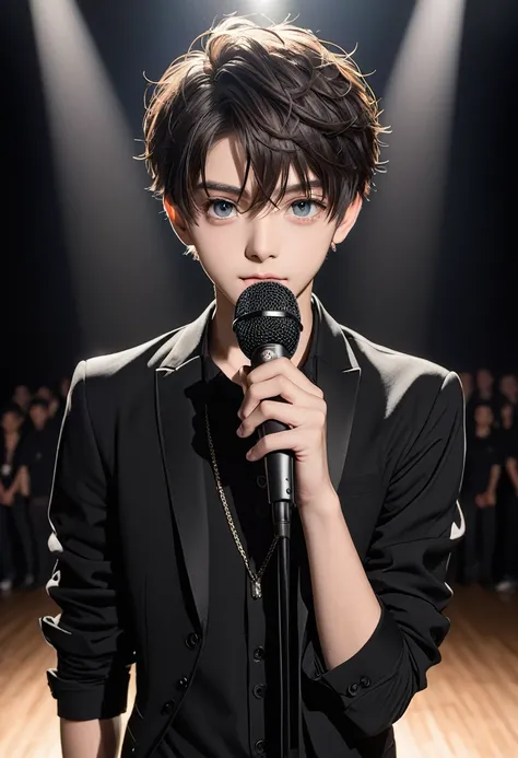 boy approaches camera, Facing the camera from the front, Half of the body is exposed, beautiful eyes, Microphone in hand, Black clothes