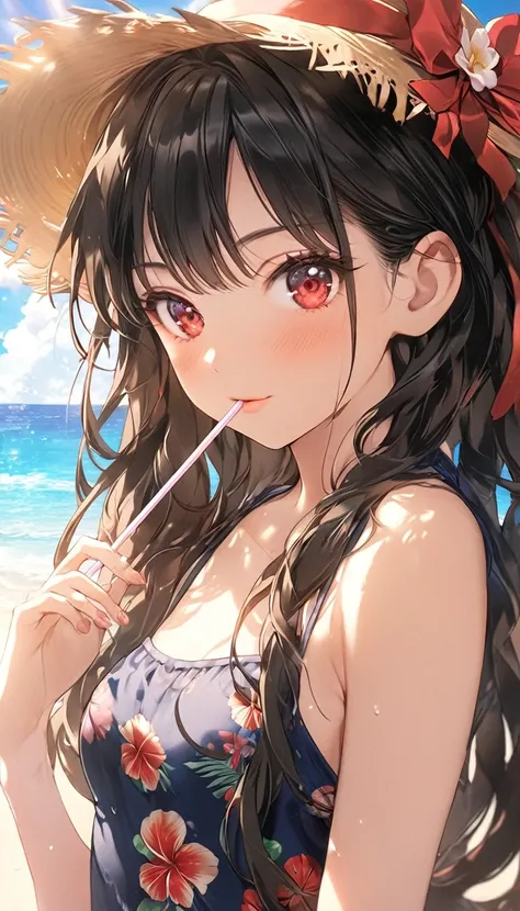 (masterpiece, Highest quality), extremely detailed CG unity 8k wallpaper, Ultra-fine illustrations, (detailed_face:1.2), Break 1 Girl, Long black hair with a straw hat, Small breasts, (Glamorous look), Red eyes, Anime Style 4K, Beautiful anime portraits, A...