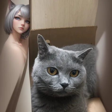 there is a cat that is sitting in a box, smokey, large grey eyes, smoky, grey-eyed, big grey blue eyes, grey ears, short light grey whiskers, pointed face and grey eyes, grey eyes, photo of a cat, greyish blue eyes, by Maksimilijan Vanka, very handsome, na...