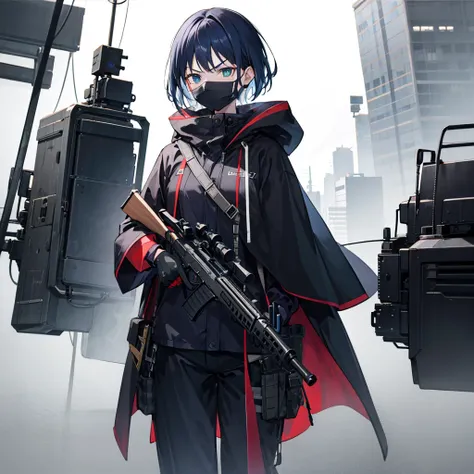 girl with a machine gun in her hands , tactical clothes , long cloak , short hair , serious face , mask .