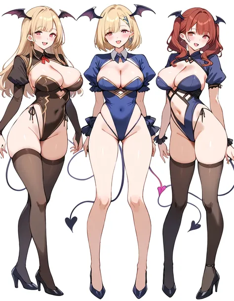 3 girls, variety of hairstyles, high fantasy costume, ((white background)), full body, multiple views, succubus,  thong, shrug, leotard, cleavage, short tie, gal,