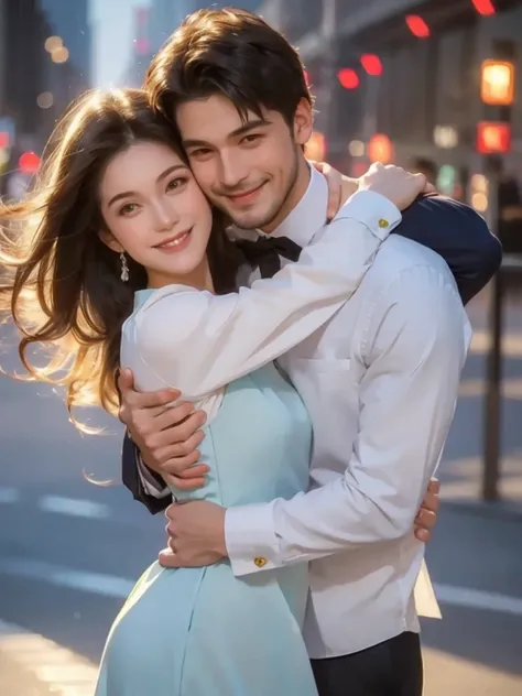 a man hugging a woman，modern city，25 years old，beautiful face，smile and look at the camera，wedding