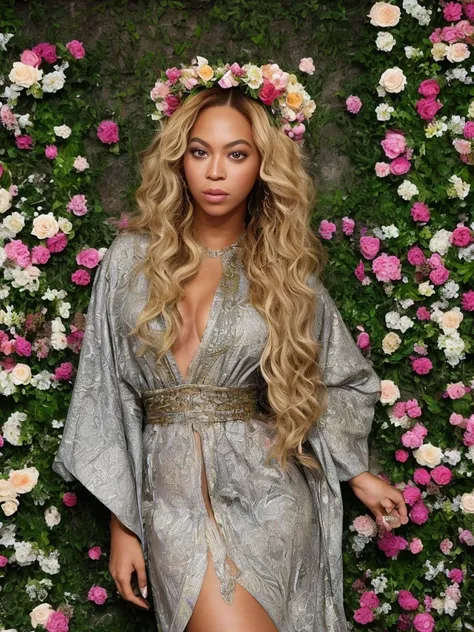 Beyonce wears a brocade robe, a flower crown, long curly blonde hair, behind is a wall of flowers