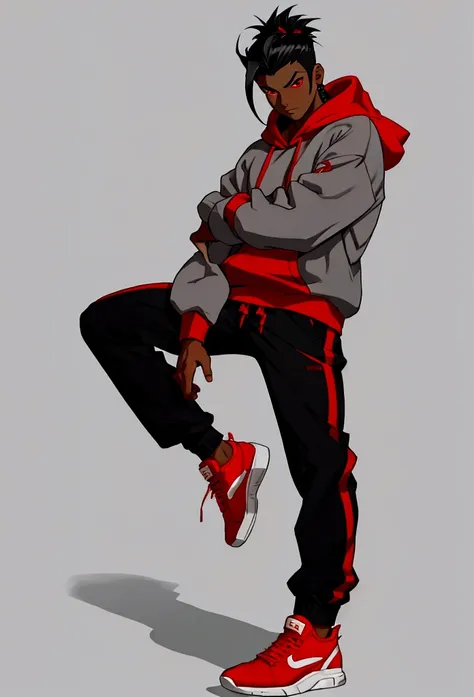 male character full body narutal pose red eyes dark skin black hair with quiff hoodie sweatshirt gray pants red sneakers perspective drawing