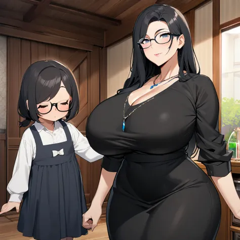 1girl,solo,Mature Woman,Black Hair,long hair,Glasses,mother,gentle,kind face,Super huge breasts,Big thighs,Black Dress,necklace,Are standing,Looking at this,Inclusive,house,in room