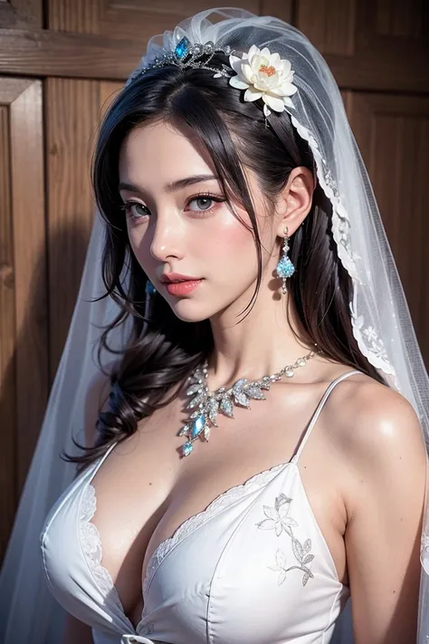 Highest quality, masterpiece, Ultra-high resolution, (Realistic: 1.4), Ultra sexy Xiuxian, smile, shy, belly button, Delicate makeup, Gorgeous Jewelry, Horse face mini bridal dress, Detailed aspect, 1 Girl, White clothes, Lotus print, Maple Leaf Print, alo...