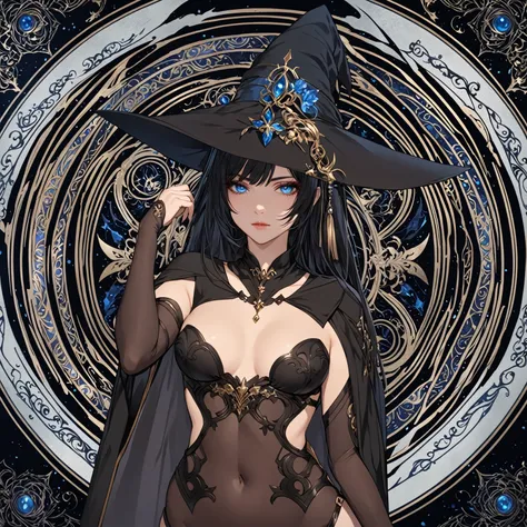 masterpiece, best quality, 1woman adult, female focus, solo, black hair, vibrant blue eyes, long hair, looking at viewer, closed mouth, bangs, Fantasy aesthetics, Highly detailed, shadowverse style, black attire, sorceress
