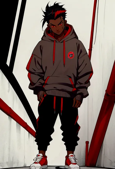 male character full body narutal pose red eyes dark skin black hair with quiff hoodie sweatshirt gray pants red sneakers perspective drawing