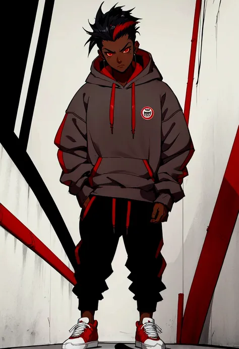 male character full body narutal pose red eyes dark skin black hair with quiff hoodie sweatshirt gray pants red sneakers perspective drawing