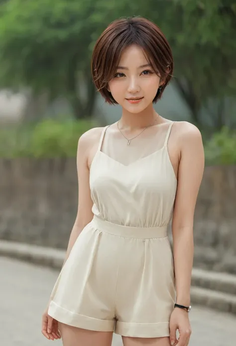 You are a professional photographer。 , short hair blown by the wind. She has a faint smile , Street fashion、Bold Valley、hot pants、Perfect Eyes, Perfect hands, Perfect body, Perfect Hair, Accurate身体, masterpiece, Accurate, Anatomically correct, Rough skin, ...