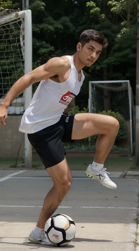  handsome guy, street football player, athletic build, Peruvian nationality, A slight smile, in move, one leg is bent and kicks a soccer ball, one foot is on the ground, full length, semi profile, wearing a white sleeveless tank top and black shorts, Excel...