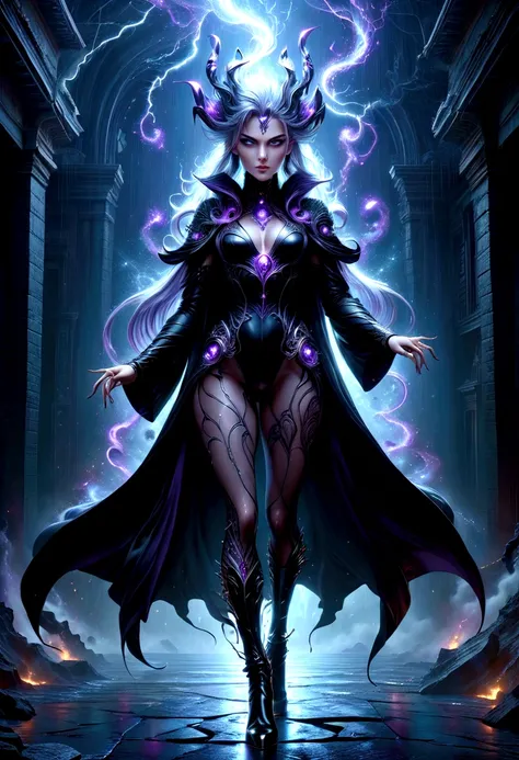 Super sexy powerful sorceress creating an earthquake with magic, beautiful image, highly detailed, dark robes, stockings, boots, dynamic pose, maximalist, Character focus ,sci-fi, looks into camera, (highly detailed face 1.6), (detailed legs 1.2), (detaile...