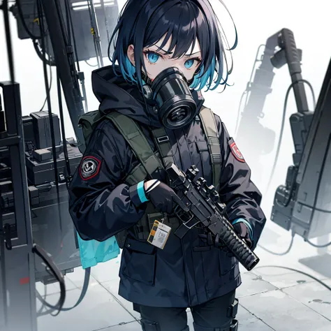 close-up of a girl with a machine gun in her hands wearing a gas mask , tactical clothes , long cloak , short hair , serious face  . 