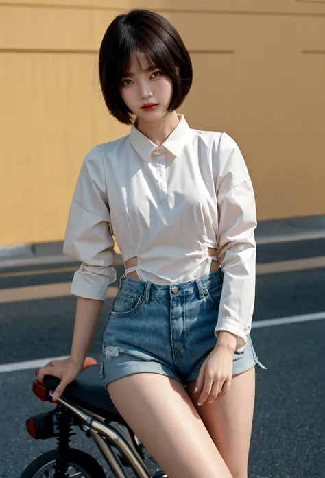 You are a professional photographer。 , short hair blown by the wind. She has a faint smile , Street fashion、Bold Valley、hot pants、Perfect Eyes, Perfect hands, Perfect body, Perfect Hair, Accurate身体, masterpiece, Accurate, Anatomically correct, Very detaile...