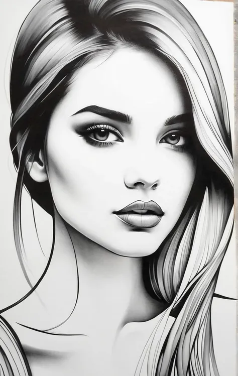 girl，black and white painting，Outline with black ink，smooth lines，The girl&#39;s expression and posture are shown through the contrast of ink，The background is simple，emphasize light, shadow and space，lots of white space，Use thick and light inks to create ...