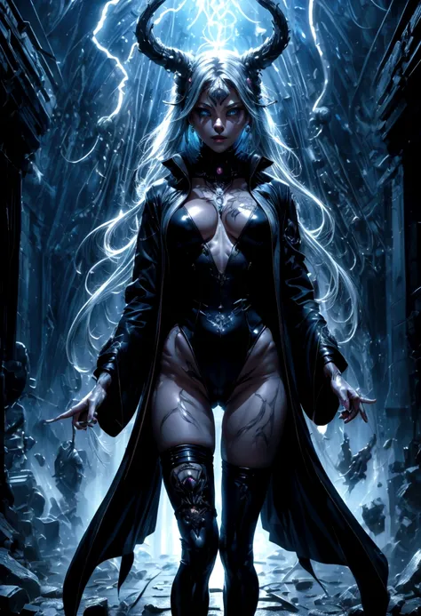 Super sexy powerful sorceress creating an earthquake with magic, beautiful image, highly detailed, dark robes, stockings, boots, dynamic pose, maximalist, Character focus ,sci-fi, looks into camera, (highly detailed face 1.6), (detailed legs 1.2), (detaile...