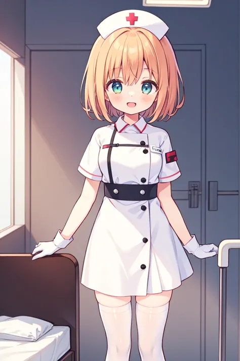 1girl, solo, nurse, nurse cap, white nurse uniform, ((white legwear, zettai ryouiki)), white gloves, very short hair, orange hair, smile, open mouth, standing, ((hospital room)), sharp outline, short sleeves, tomboy, boyish, best quality, masterpiece