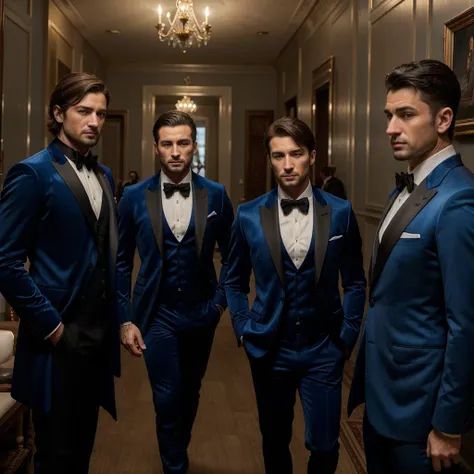 Three 30 -year-old men , with a masculine appearance, wearing a royal blue velvet coat and black pant of suit. The scene depicts a masterpiece of art, showcasing the men professional and wealthy lifestyle. The image is of the best quality, with ultra-detai...