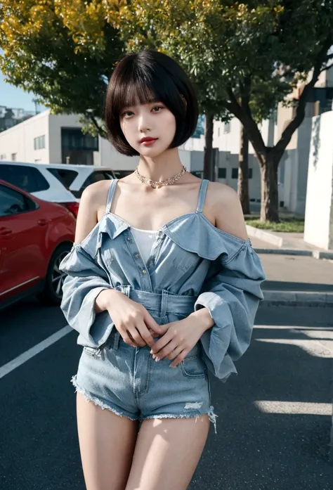 You are a professional photographer。 , short hair blown by the wind. She has a faint smile , Street fashion、Bold Valley、hot pants、Perfect Eyes, Perfect hands, Perfect body, Perfect Hair, Accurate身体, masterpiece, Accurate, Anatomically correct, Very detaile...