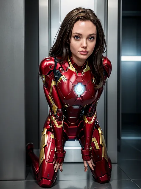 In this image, we see a close up of young angelina jolie 20 years old portraying her character female iron man from the Marvel Cinematic Universe. Her body overlaps the frane. She is leaning forward in a crouched position on what appears to be a metallic f...