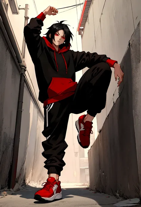 male character full body  red eyes black hair hoodie sweatshirt gray pants red sneakers perspective drawing narutal pose